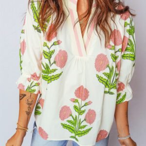 Casual Wild Flower Print V Neck 3/4 Sleeve Blouse