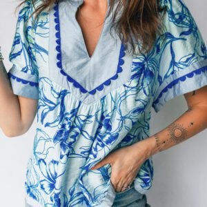 Sky Blue Ricrac Trim Slit V Neck Short Sleeve Floral Blouse