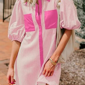 Rose Stripe Color Block Patchwork Shirt Collar Button Down Puff Sleeve Mini Dress