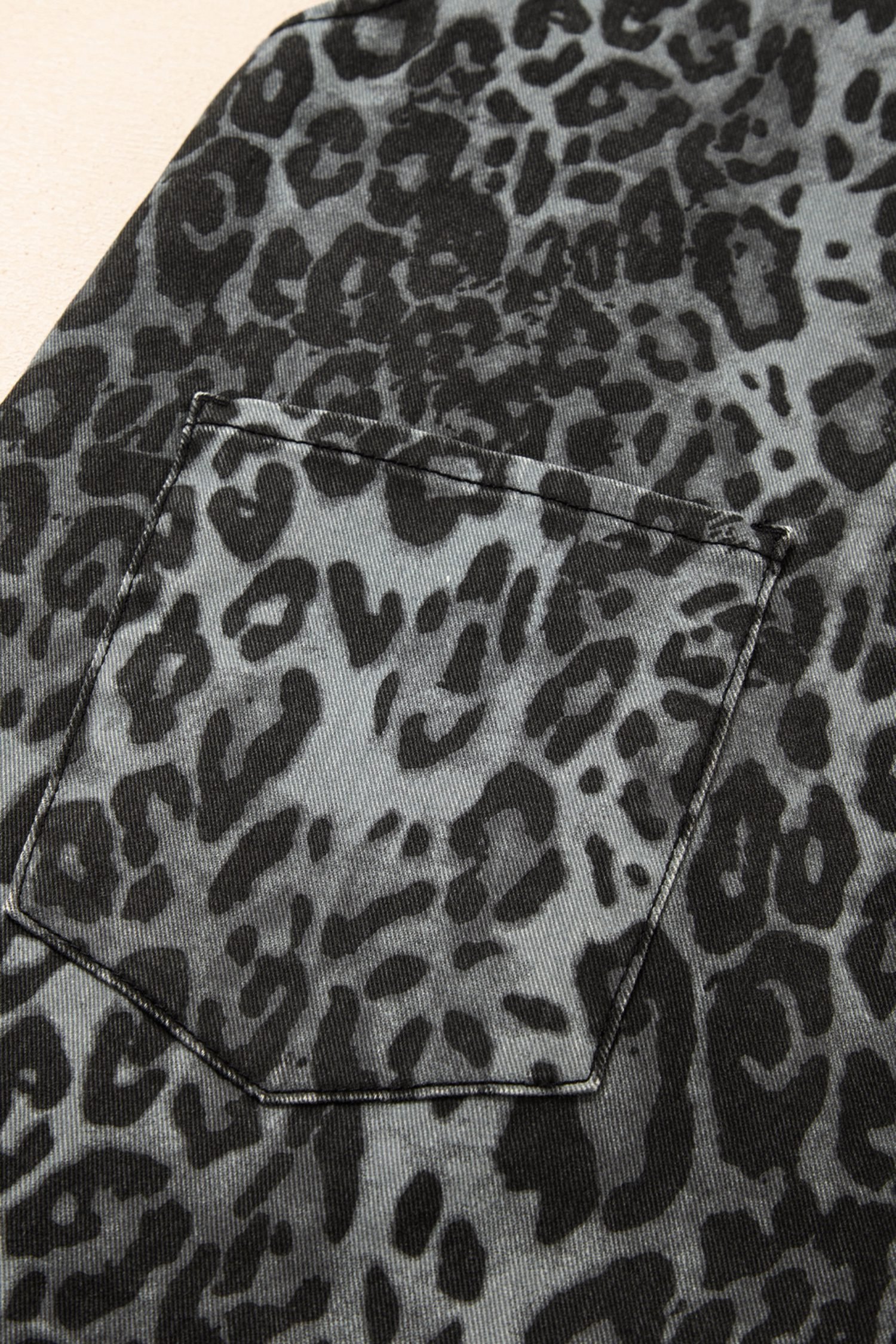 Gray Leopard Print Button Adjustable Straps Cropped Loose Denim Overalls - Image 14