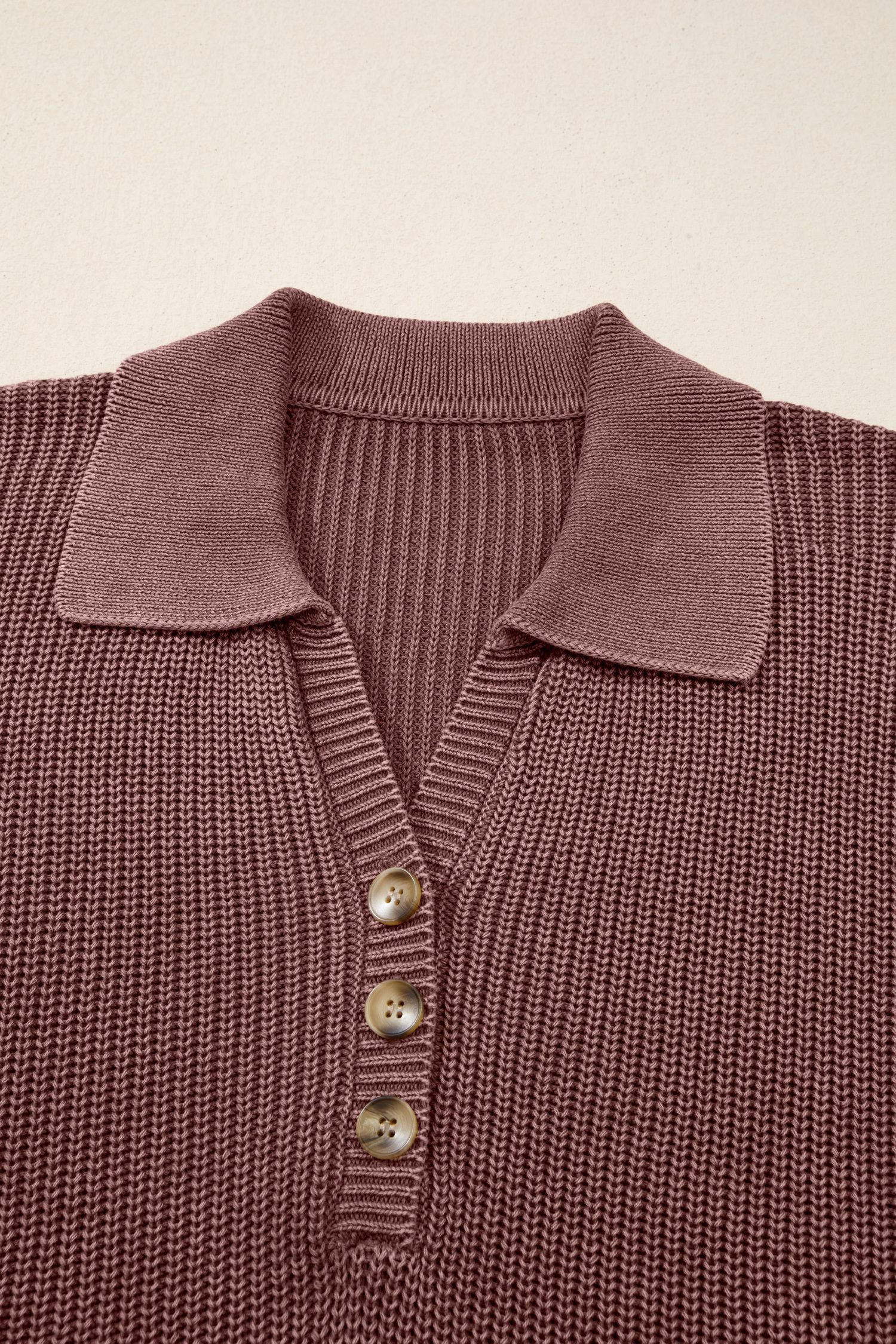 Dark Brown Mineral Washed Knit Button Polo Collar Loose Sweater