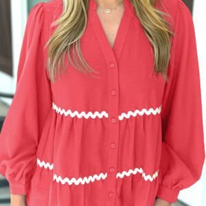 Coral Contrast Ricrac Trim V Neck Button Down Long Sleeve Shirt