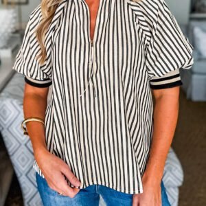 Black Stripe Polo Collar Half Zip Short Puff Sleeve Blouse
