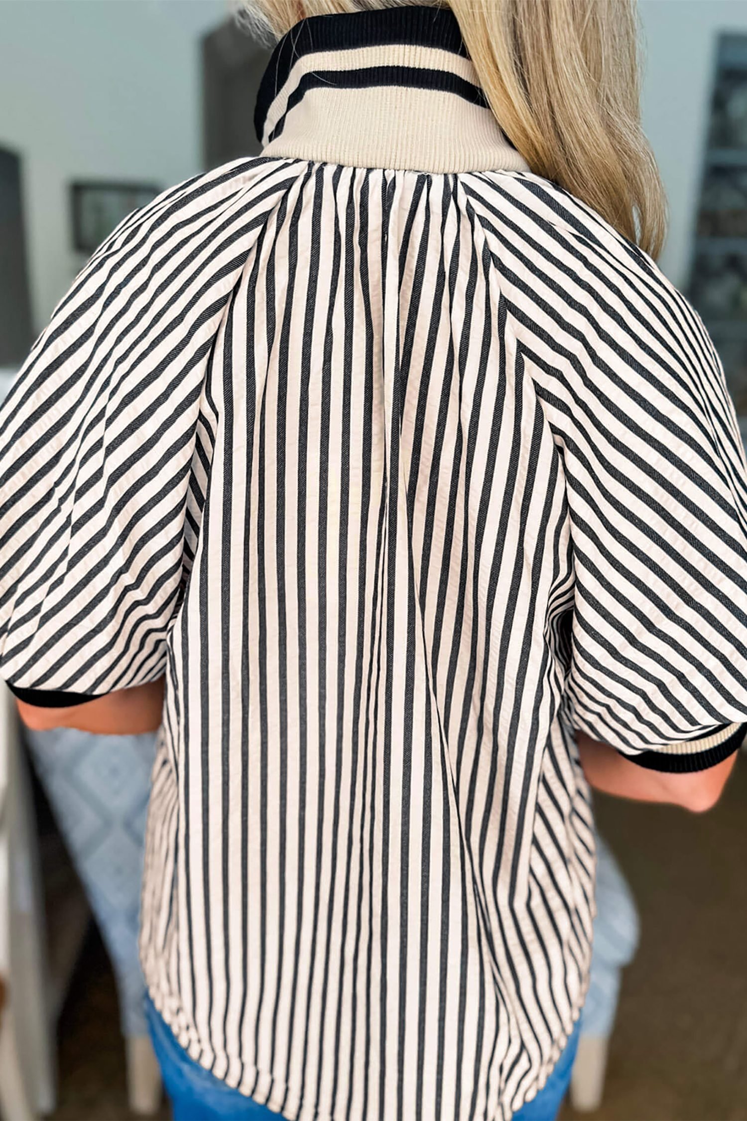 Black Stripe Polo Collar Half Zip Short Puff Sleeve Blouse - Image 3
