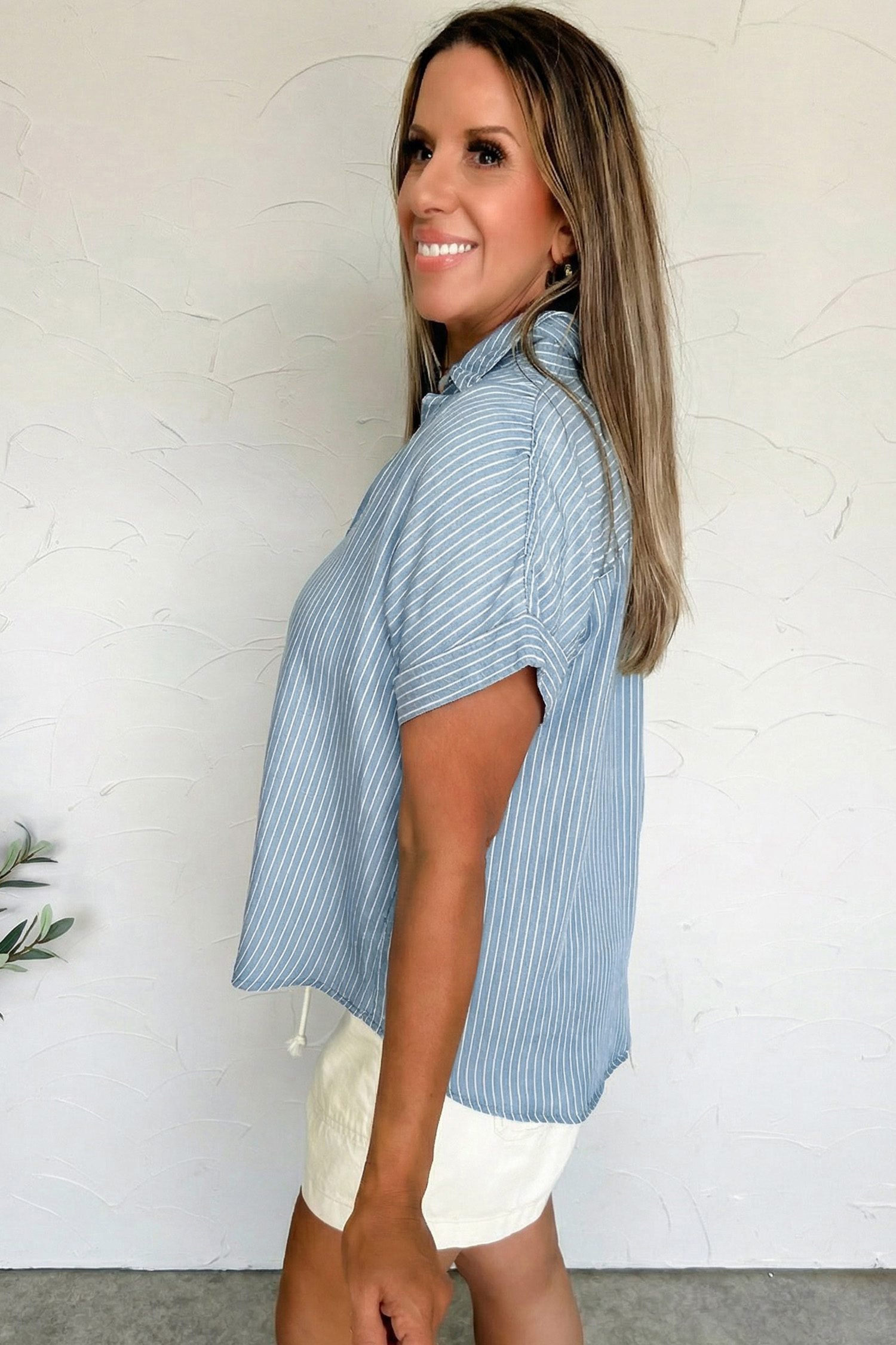Sky Blue Stripe Cuffed Short Sleeve Button up Loose Shirt - Image 3