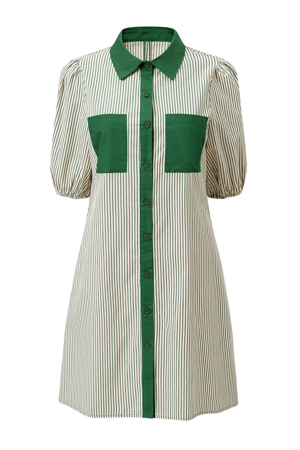 Green Stripe Color Block Patchwork Shirt Collar Button Down Puff Sleeve Mini Dress