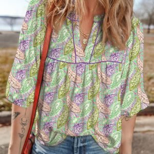 Green Boho Paisley Print Half Puff Sleeve Blouse