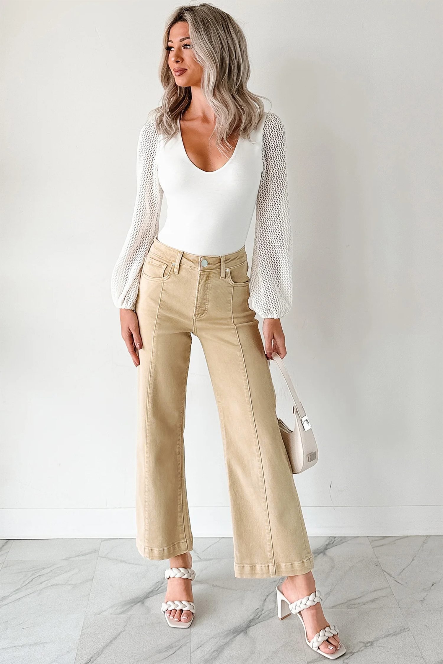 Apricot Solid Color Seamed Center Wide Leg Cropped Jeans - Image 6