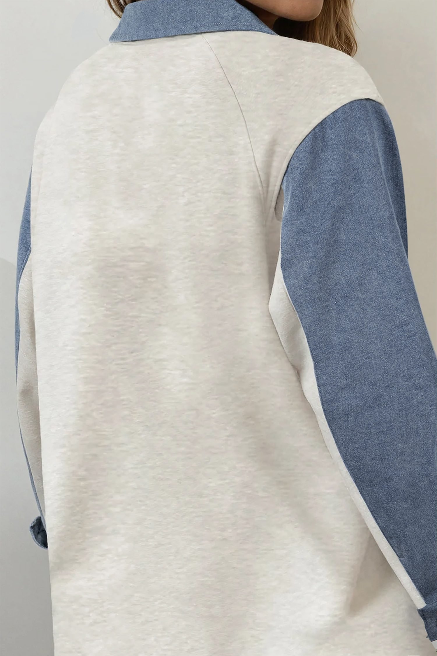 Light Grey Denim Patchwork Buttoned Polo Collar Long Sleeve Top - Image 2