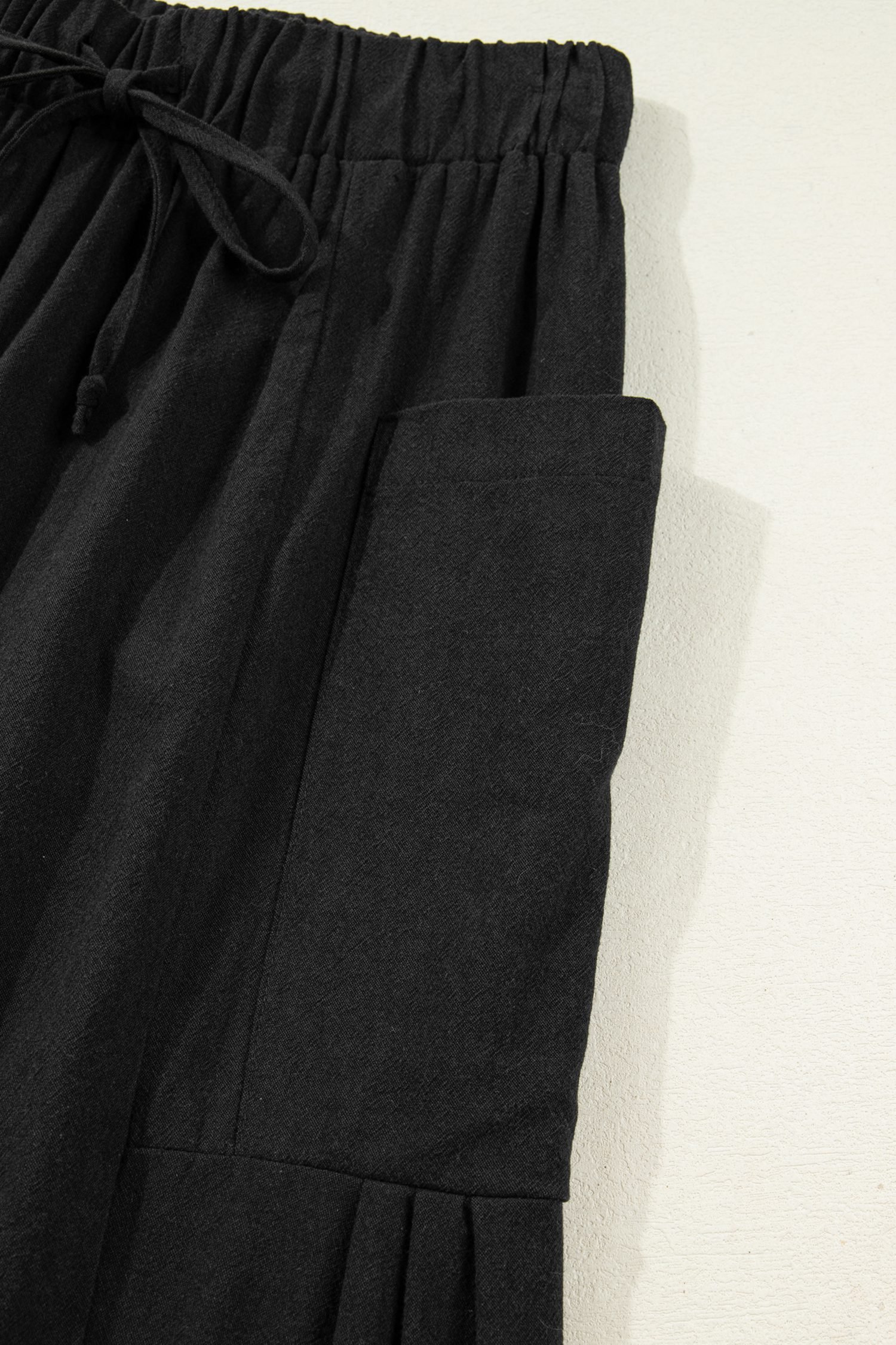 Black Drawstring Elastic Waist Patch Pocket Barrel Leg Casual Pants - Image 10