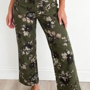 Green Vintage Floral Print Square Patch Pocket Raw Hem Shift Jeans