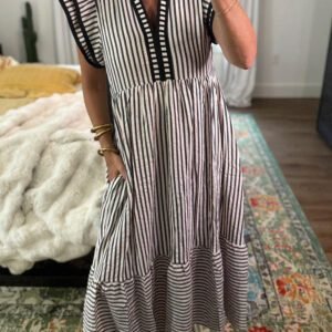 Black Stripe Double Ruffled Short Sleeve Contrast Trim V Neck Midi Dress