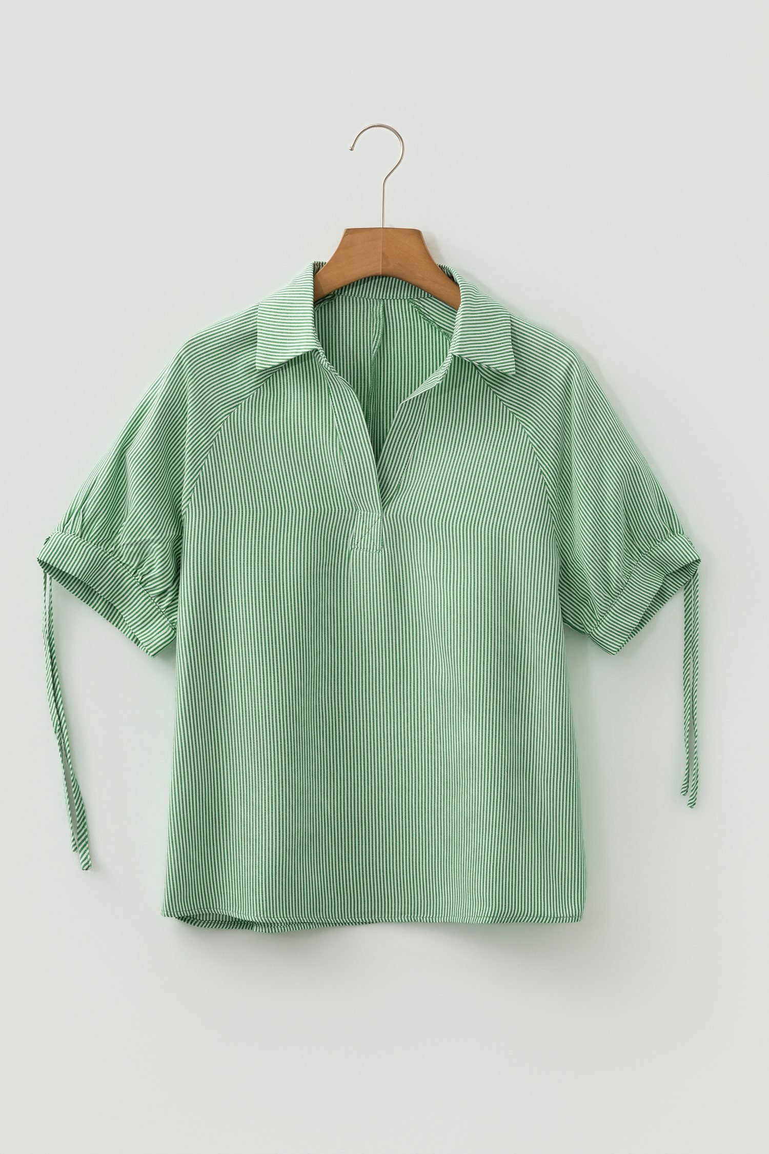 Mint Green Striped Print Collared Split Neck Half Sleeve Blouse - Image 5