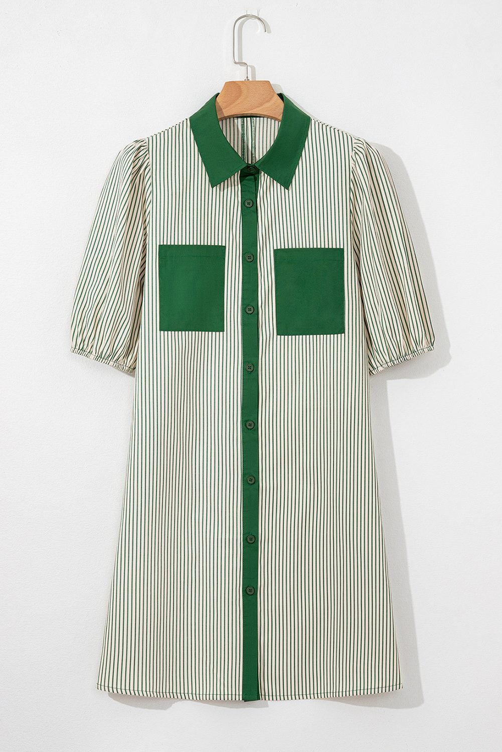 Green Stripe Color Block Patchwork Shirt Collar Button Down Puff Sleeve Mini Dress