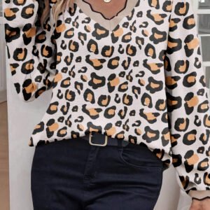 Khaki Leopard Print Contrast Scalloped V Neck Long Sleeve Blouse