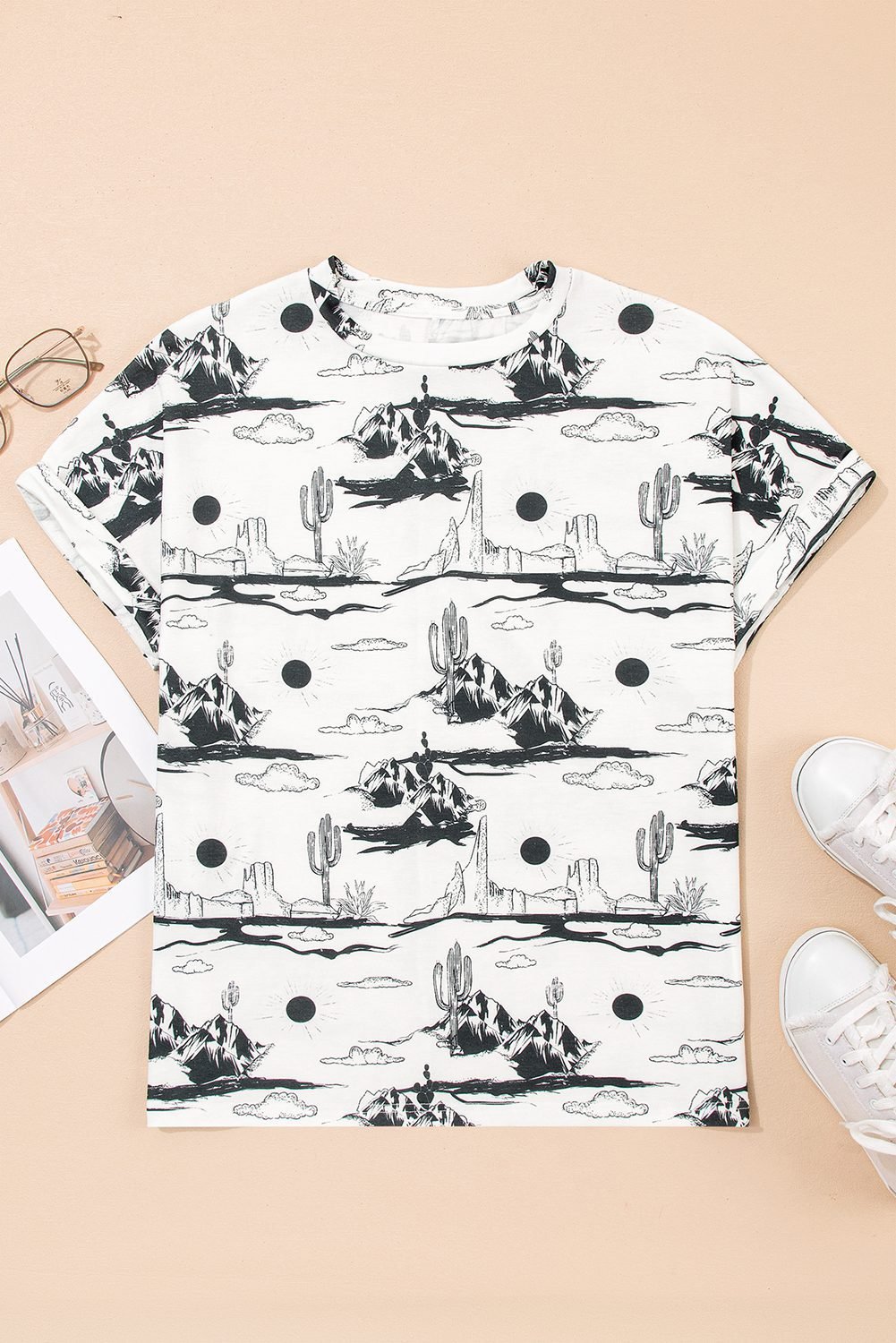 White Desert Sand Print Short Sleeve Knit Top