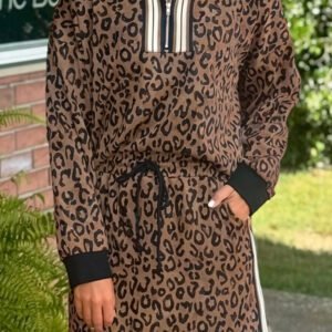 Khaki Leopard Print Quarter Zip Long Sleeve Top Mini Skirt Set