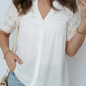 White Flower Eyelet Embroidered Patchwork Sheer Short Sleeve Shirt