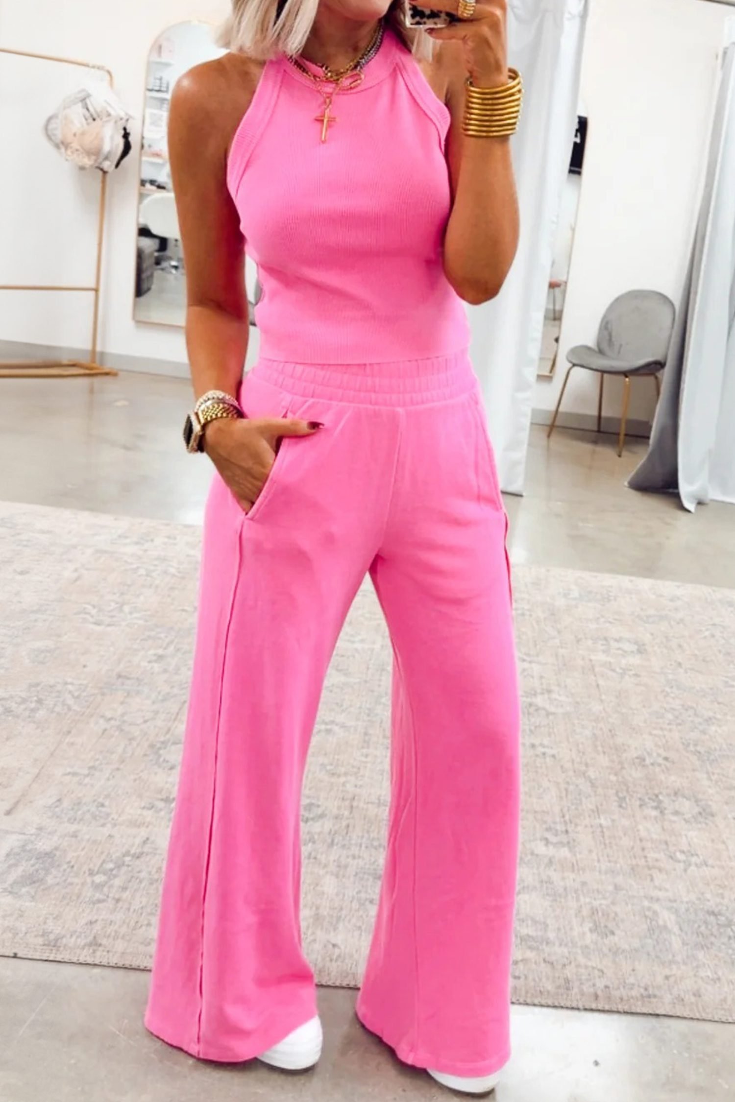 Sachet Pink Slim Ribbed Tank Top and Sweatpants Set - Image 5