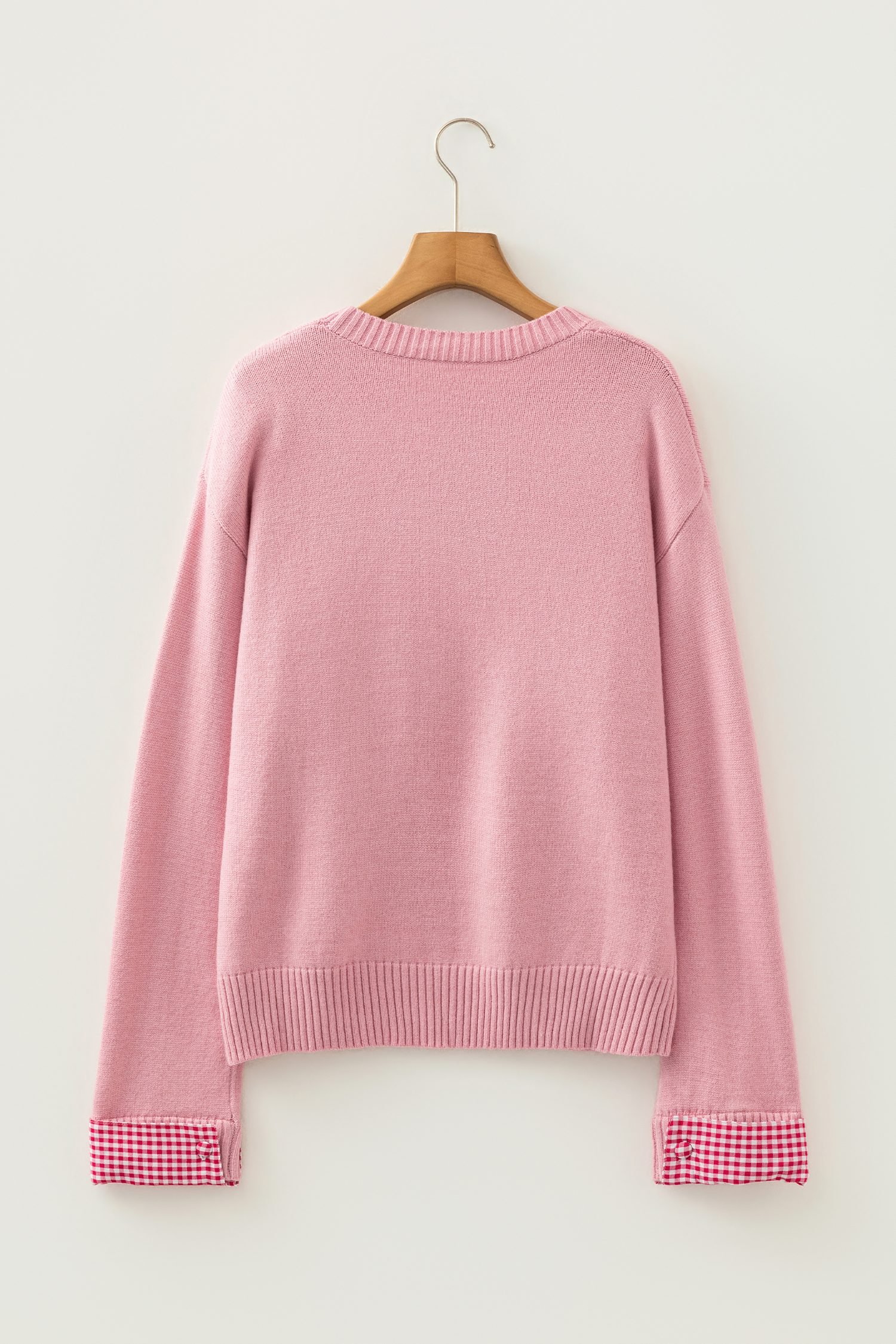 Light Pink Plaid Heart Embroidered Cuffed Drop Shoulder Crew Neck Sweater