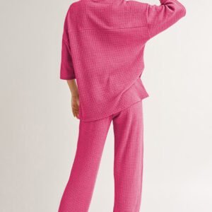 Rose Red Solid Color Textured Buttoned Shirt and Casual Pants Set