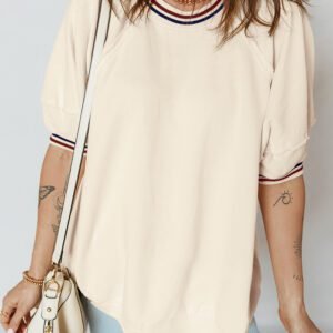Beige Contrast Varsity Striped Neckline Cuffed Short Sleeve Loose Tunic Top