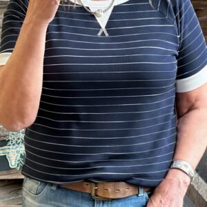 Blue Stripe Contrast Trim Plus Size Ribbed T Shirt