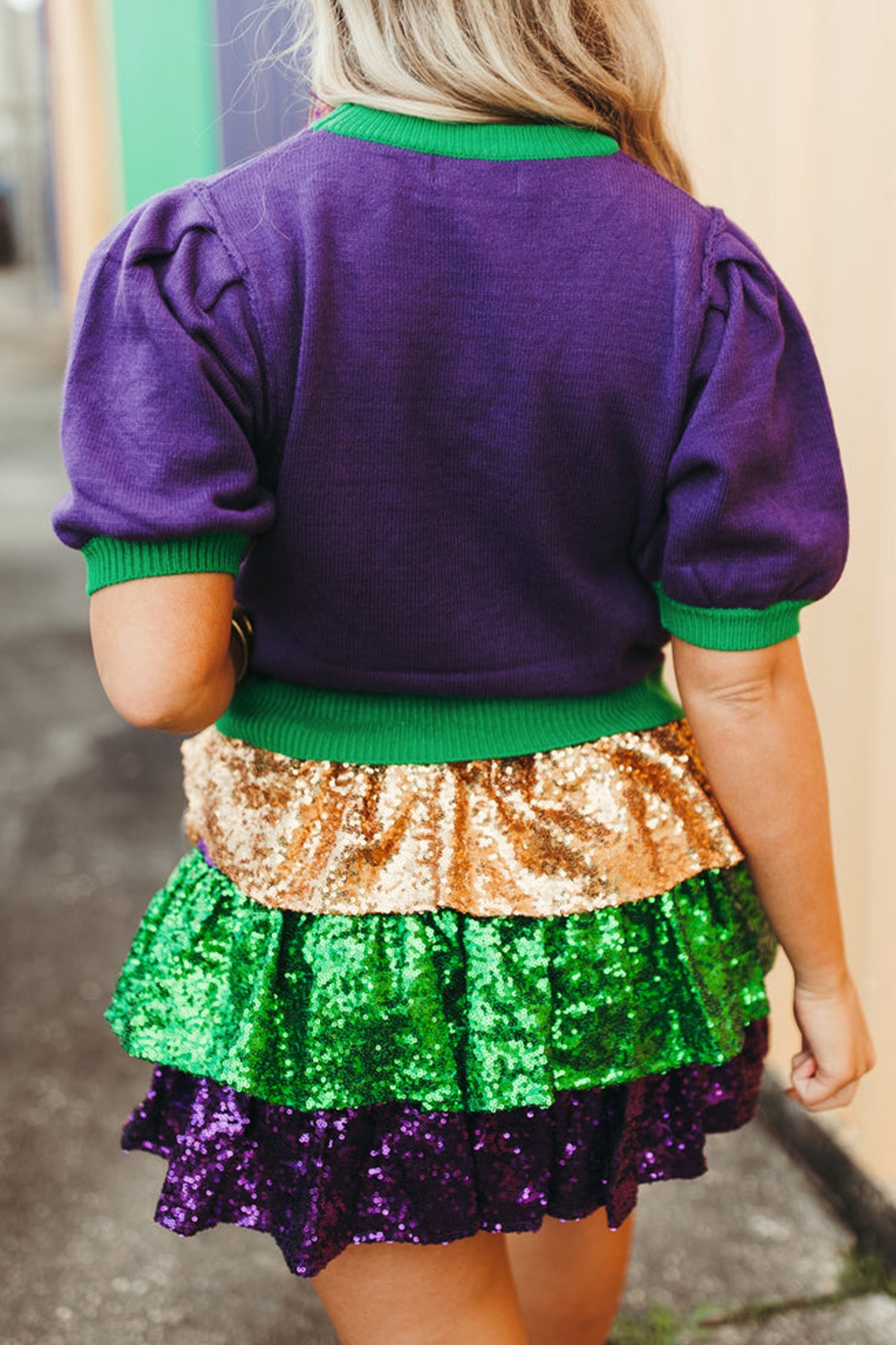 Tillandsia Purple Mardi Gras Tinsel Graphic Short Sleeve Sweater - Image 2