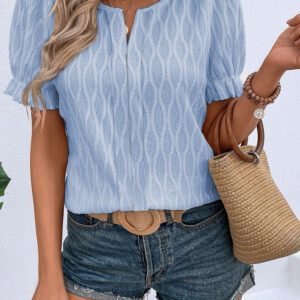 Beau Blue Solid Color Textured Notched Neck Puff Sleeve Blouse