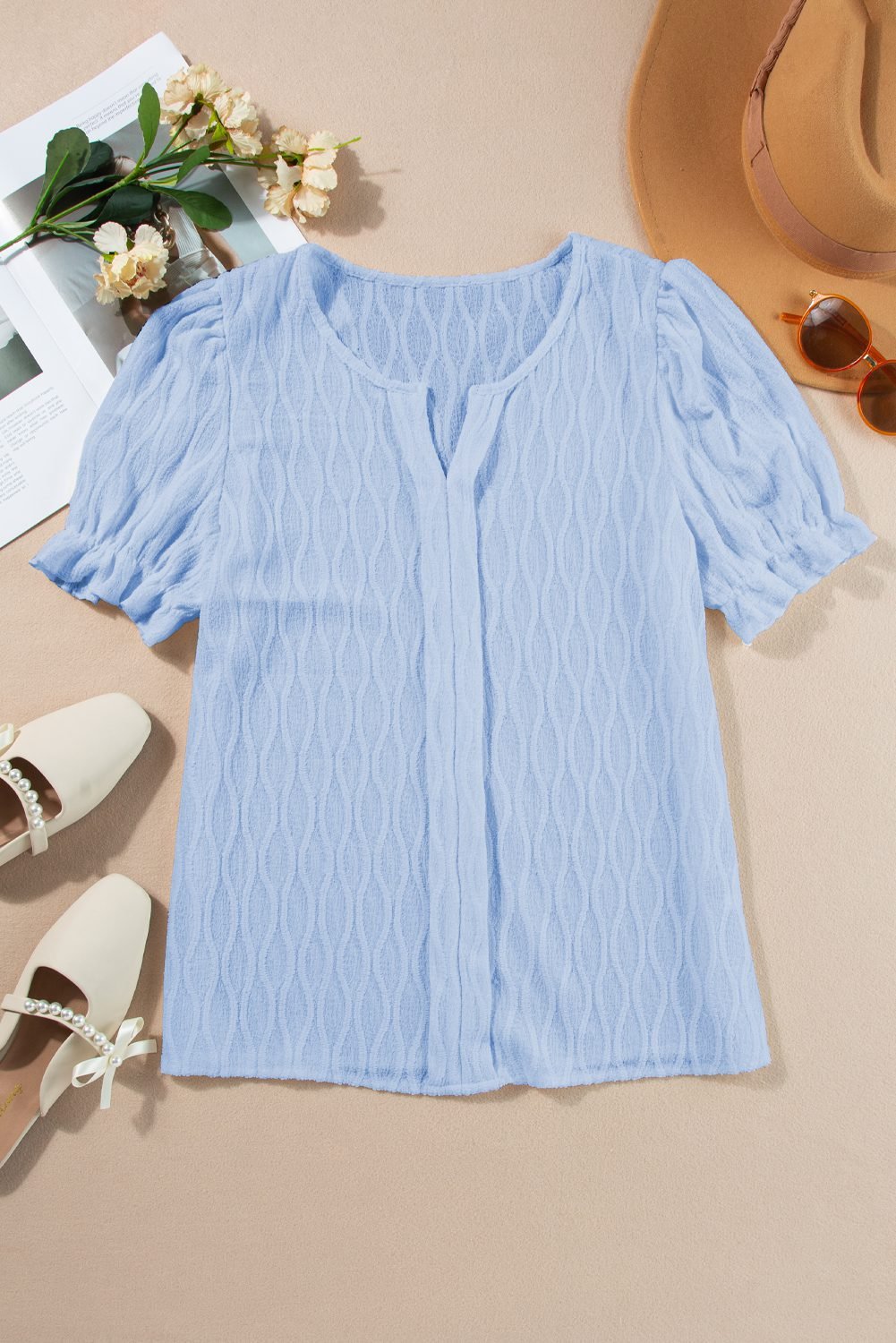 Beau Blue Solid Color Textured Notched Neck Puff Sleeve Blouse