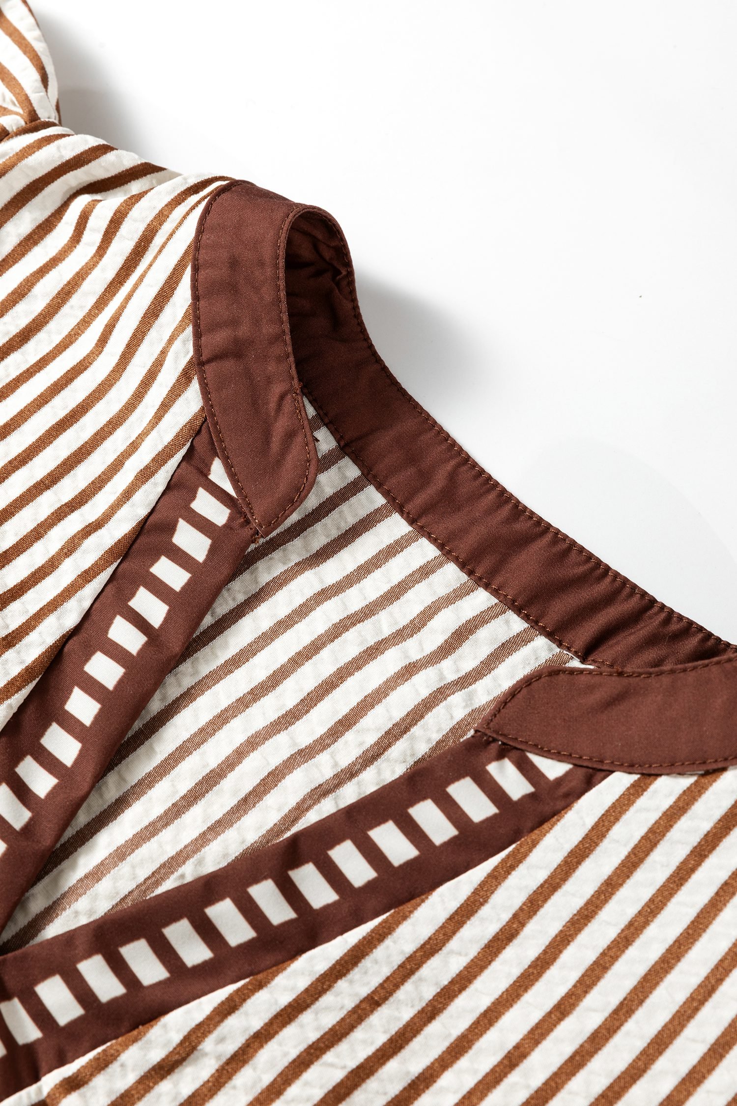 Khaki Stripe Double Ruffled Short Sleeve V Neck Blouse - Image 20