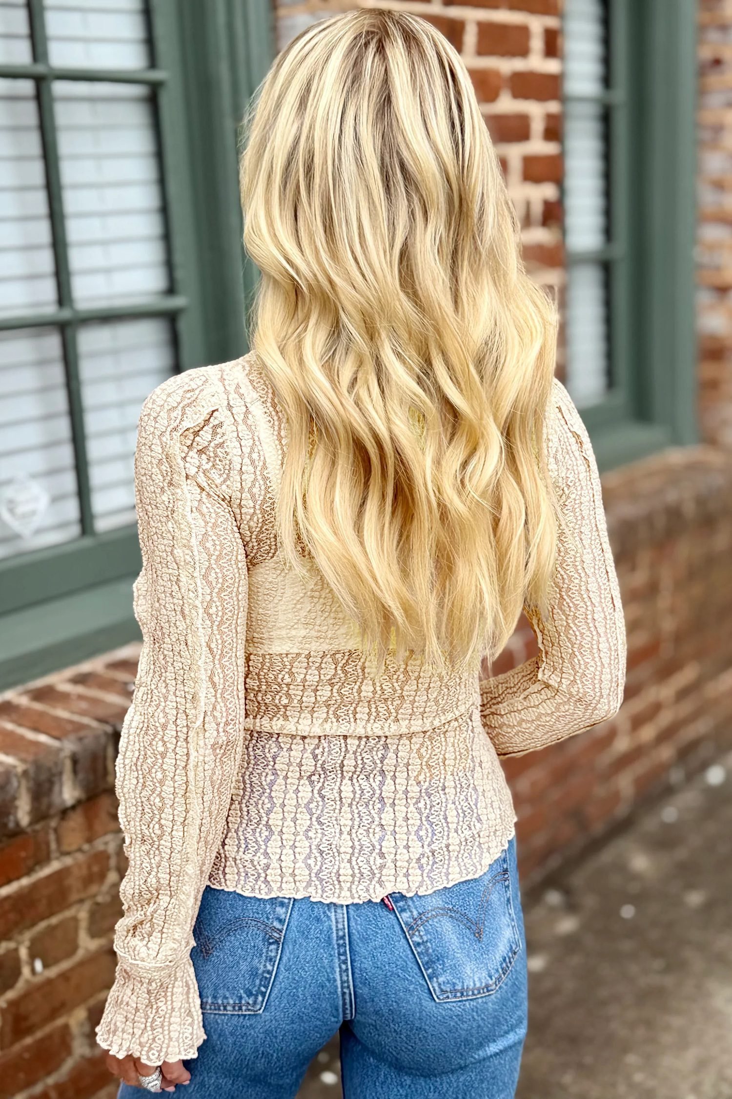 Apricot Flounced Long Sleeve Mock Neck Sheer Lace Top - Image 9