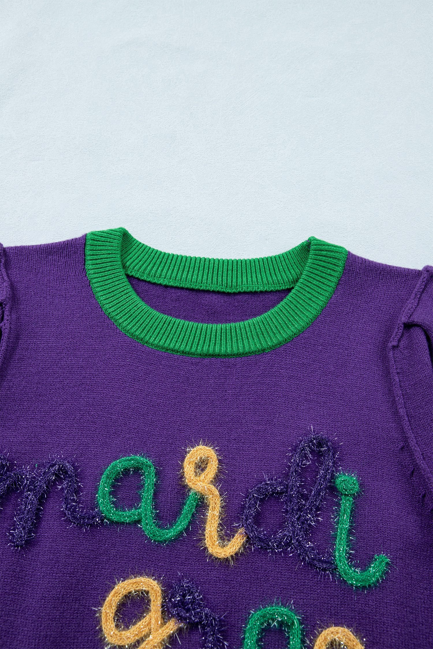 Tillandsia Purple Mardi Gras Tinsel Graphic Short Sleeve Sweater - Image 7