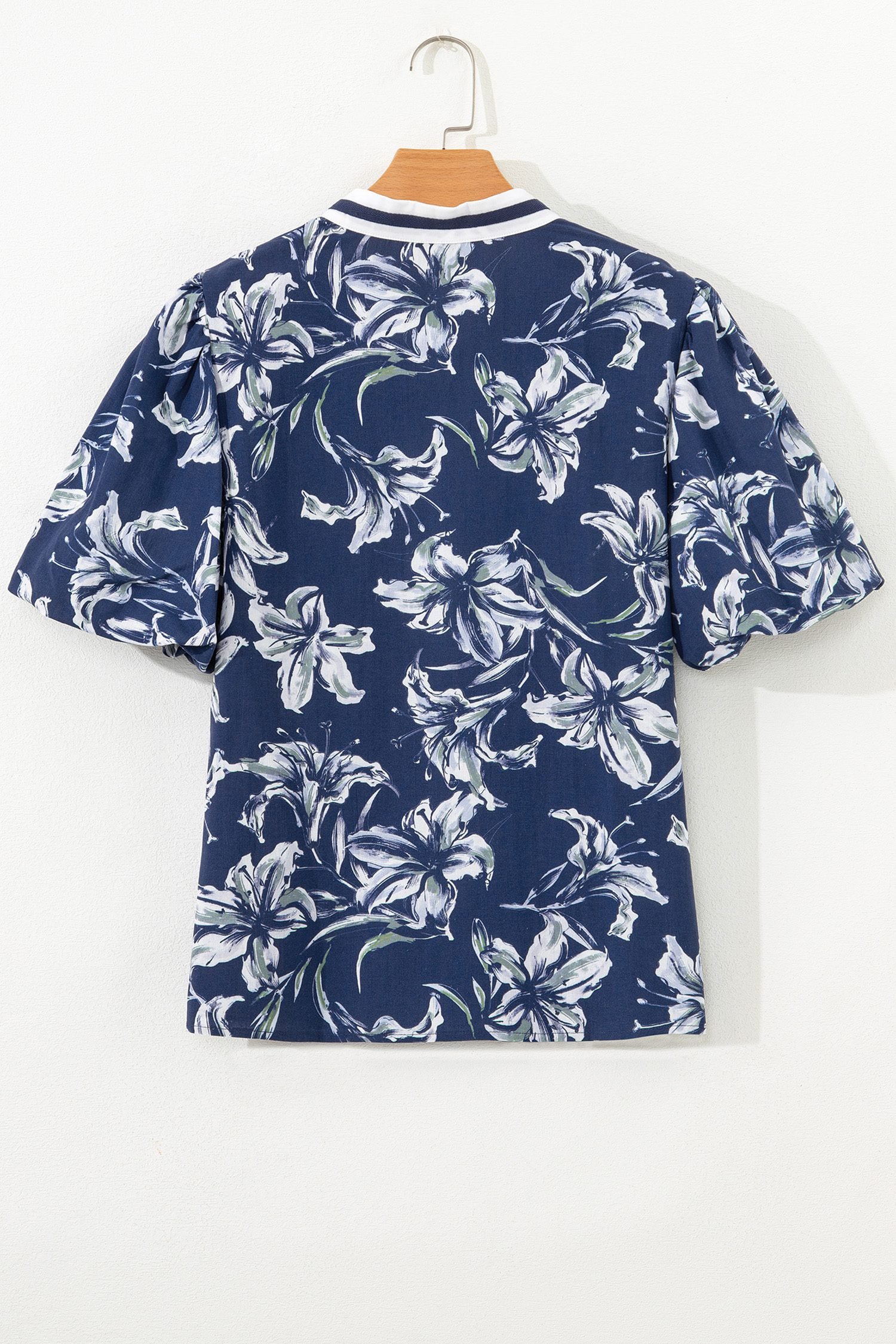 Blue Floral Print Short Puff Sleeve Striped Trim V Neck Blouse - Image 8