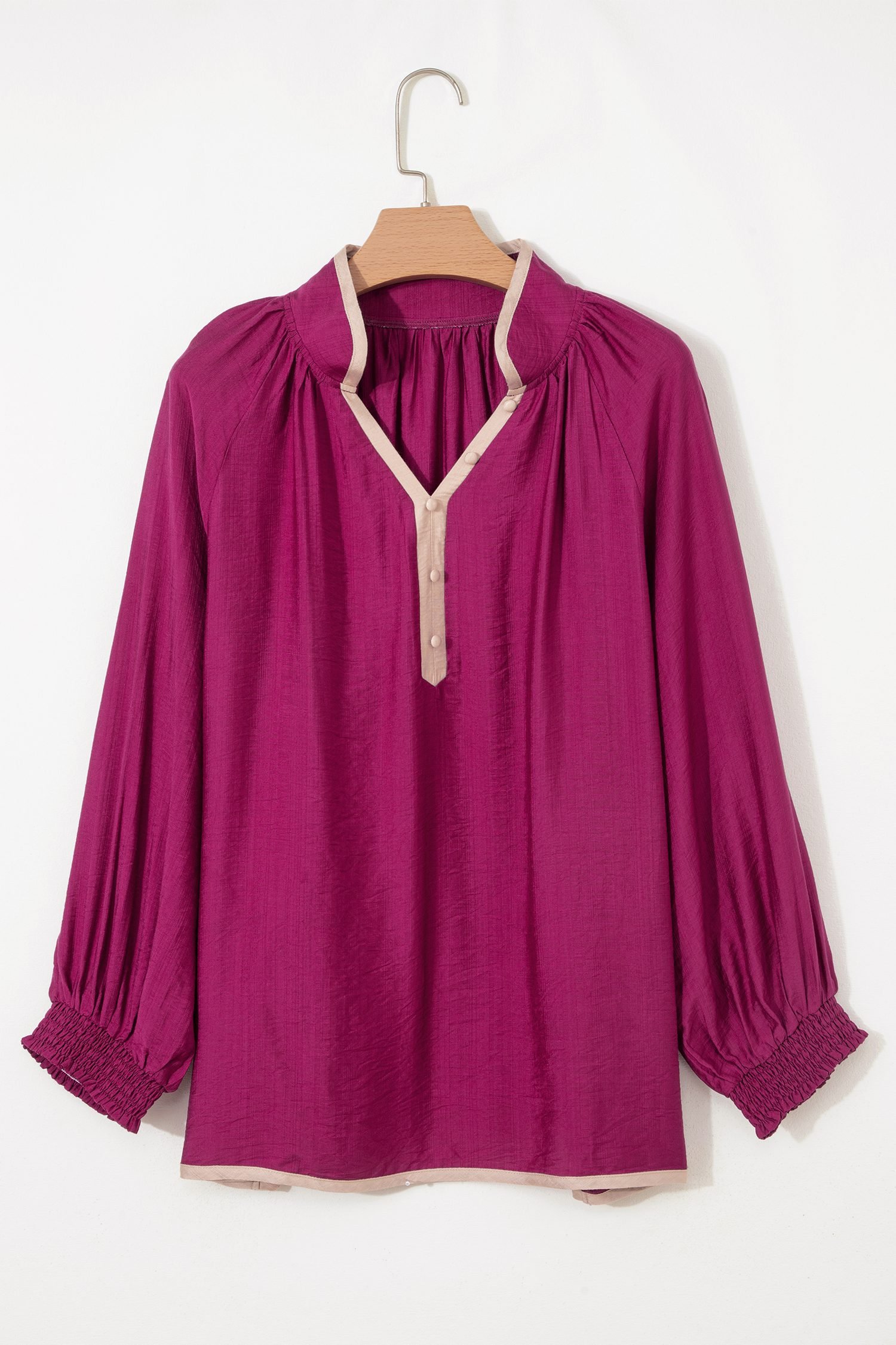 Wild Ginger Plus Size Contrast Trim Button V Neck Puffy Bracelet Sleeve Blouse - Image 3