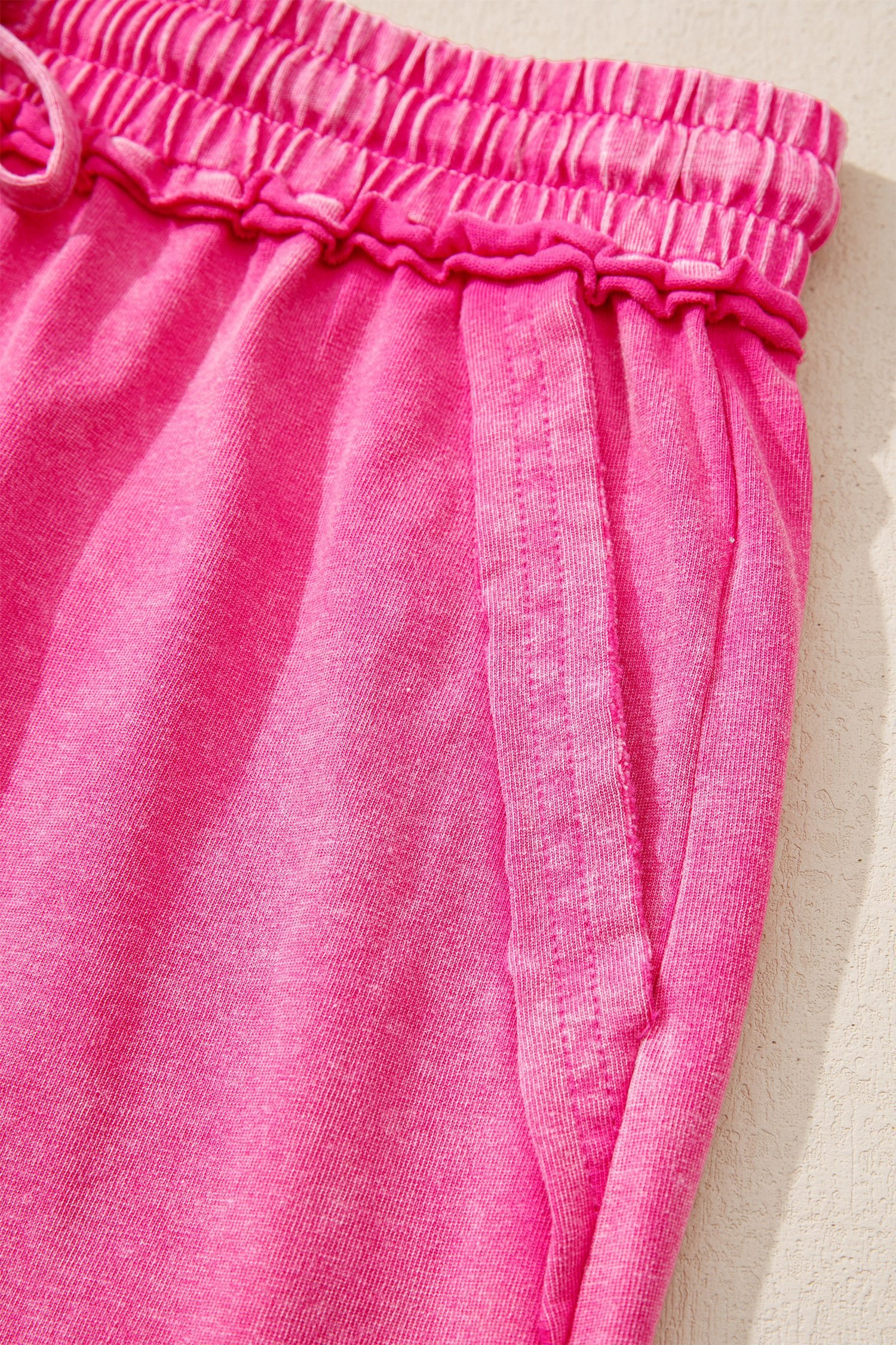 Rose Red Mineral Washed Drawstring Elastic Waist Raw Cut Shorts - Image 9