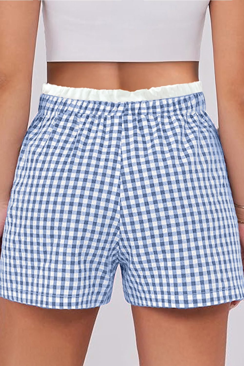 Sky Blue Contrast Trim Plaid Print Plus Size Shorts