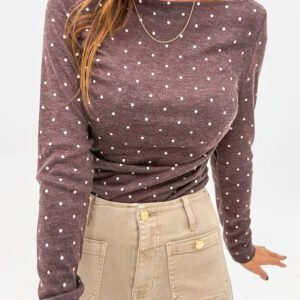 Dark Brown Polka Dot Boat Neck Knit Long Sleeve T Shirt