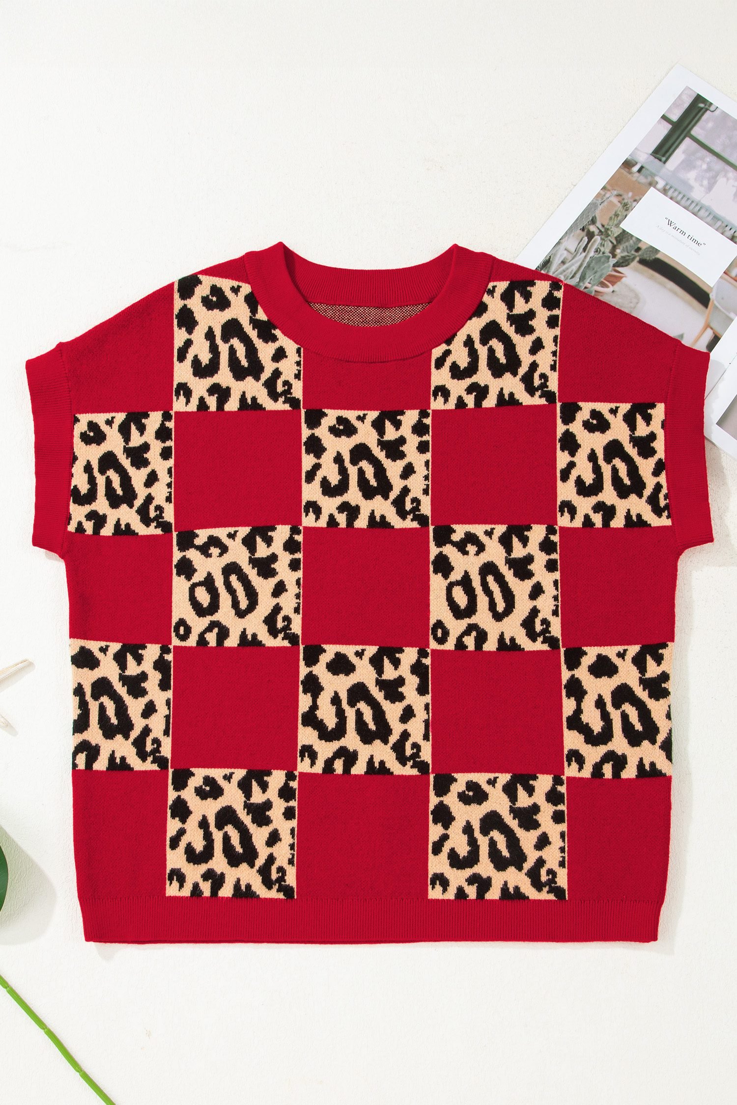 Red Leopard Checkerboard Short Sleeve Knit Sweater