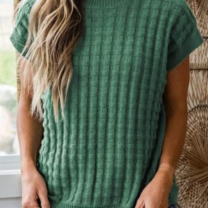 Mist Green Solid Color Round Neck Textured Short Sleeve Sweater