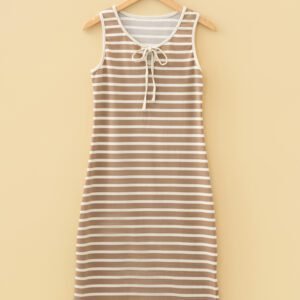 Khaki Stripe Tie V Neck Sleeveless Side Slit Midi Dress