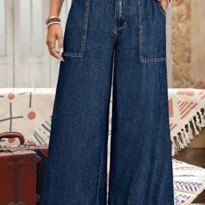 Dirty blue Plus Size Elastic Waist Ruffled Wide Leg Denim Pants