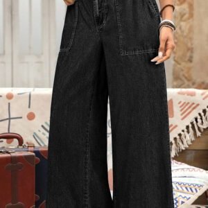 Black Plus Size Elastic Waist Ruffled Wide Leg Denim Pants
