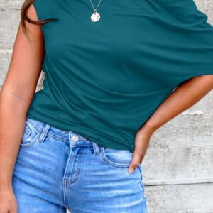 Blue Sapphire Plus Size Solid Color Asymmetric Neck Short Sleeve Blouse