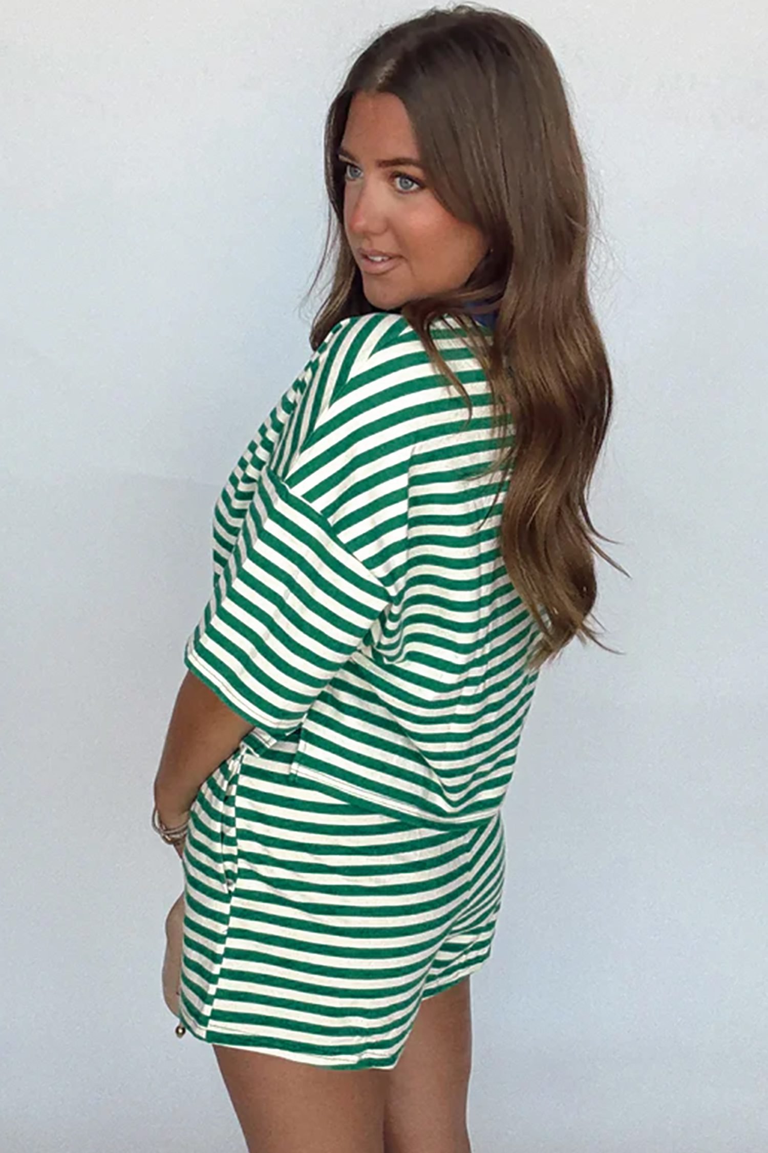 Green Stripe Drop Shoulder Boxy Casual Terry Short Set - Image 2