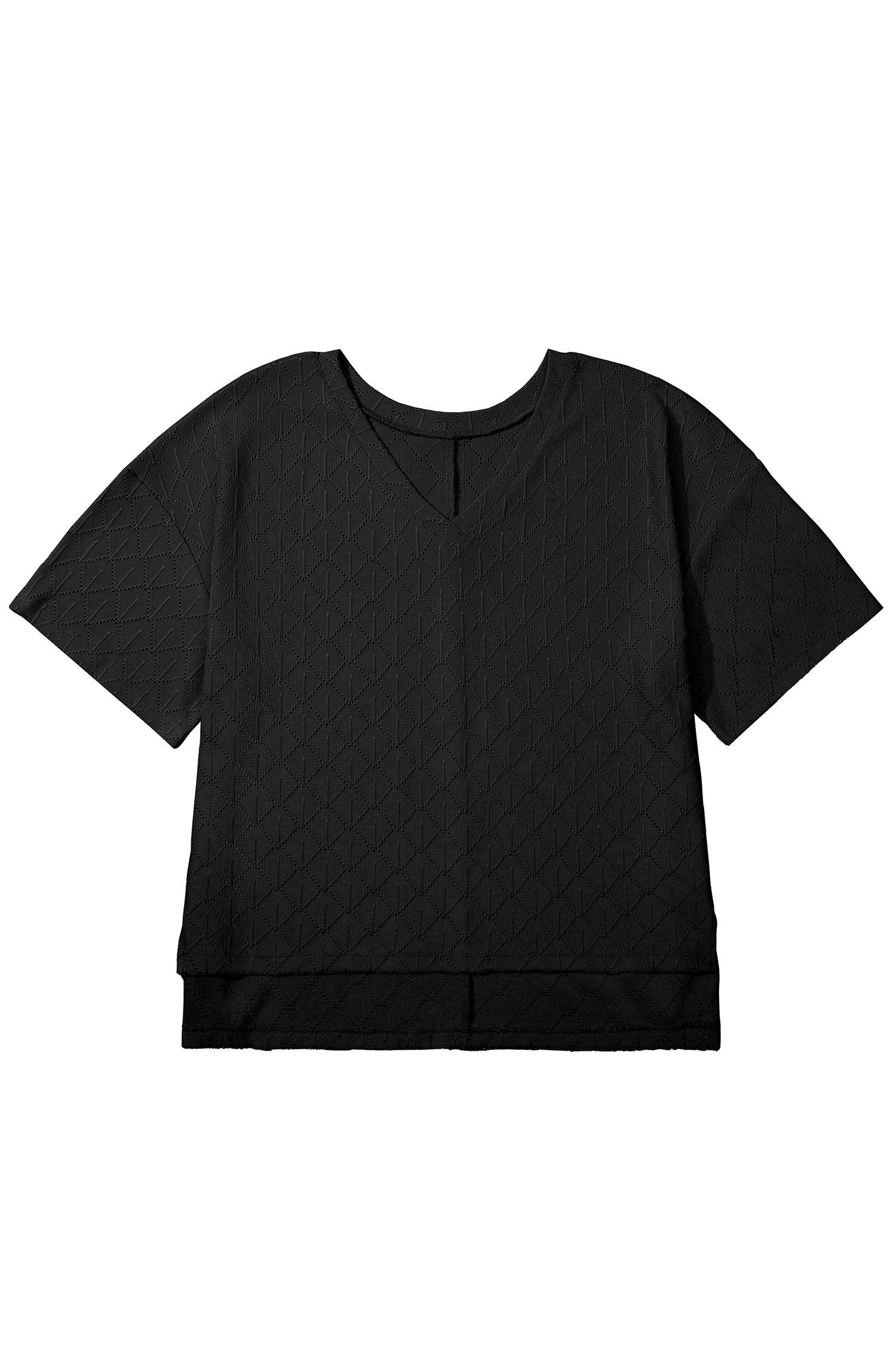 Black Pointelle Rhombus Knit Plus Size V Neck Loose Top