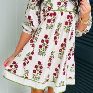 White Frilled V Neck 3/4 Sleeve Loose Floral Dress