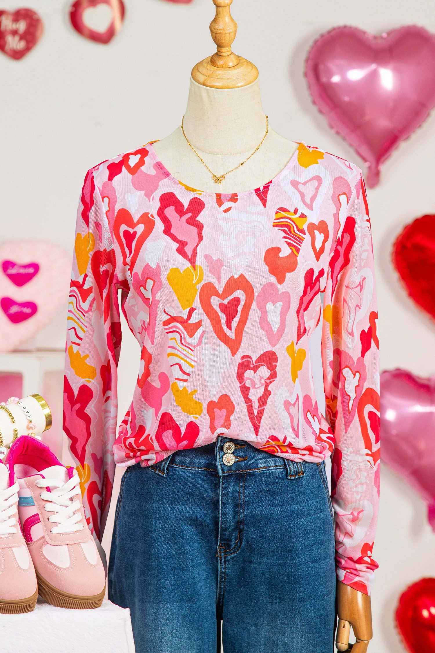 Rose Valentine Heart Mesh Long Sleeve Top