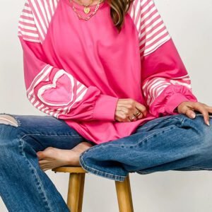 Strawberry Pink Heart Shape Striped Patchwork Long Sleeve Loose Top