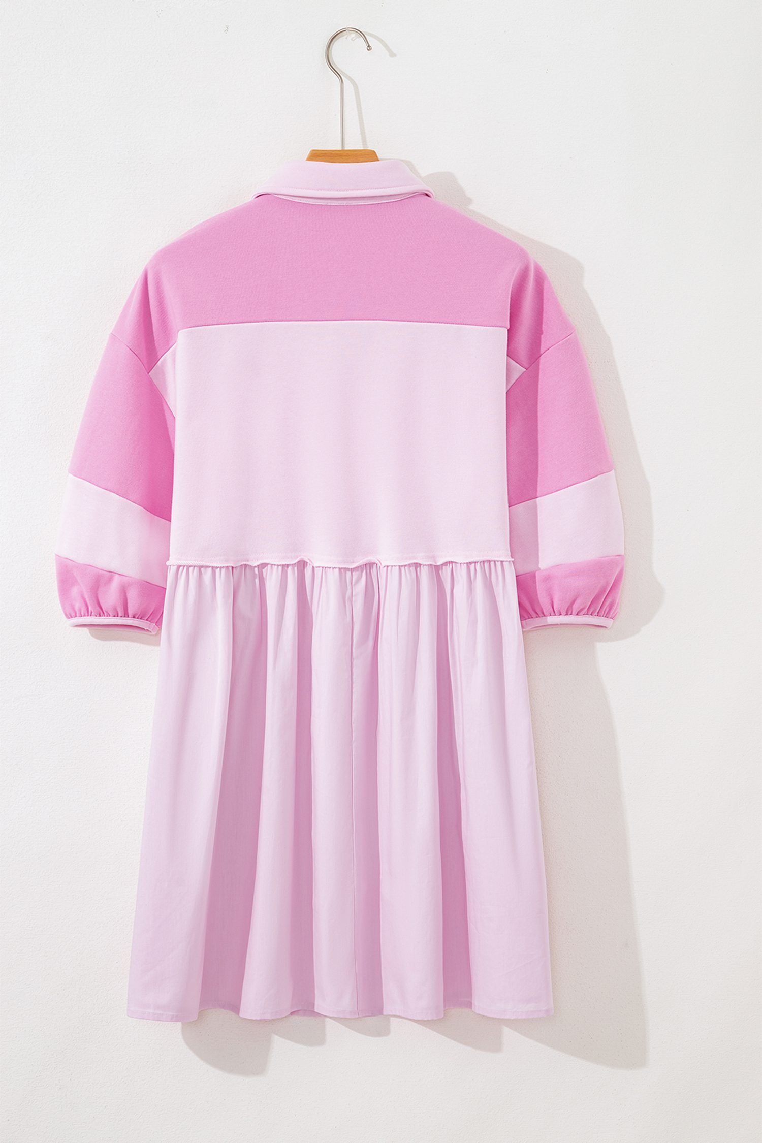 Pink Raw Seam Color Block Patchwork Button Polo Collar Mini Dress